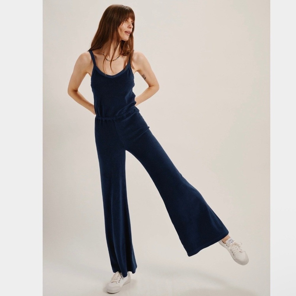 Suzie Kondi Elma Tank Jumpsuit Flare Leg Terry Navy XS